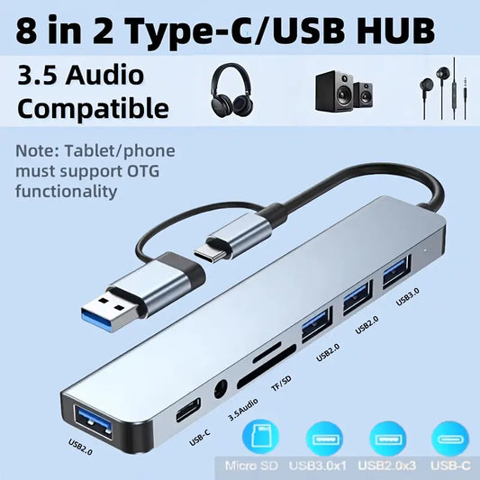 Multi-Function Hub, USB & TYPE-C Ports, featuring USB 3.0 + USB-C + SD/TF + 3.5mm Audio. A versatile docking station that supports seamless multi-port collaboration, suitable for smartphones, tablets, and computers for both v