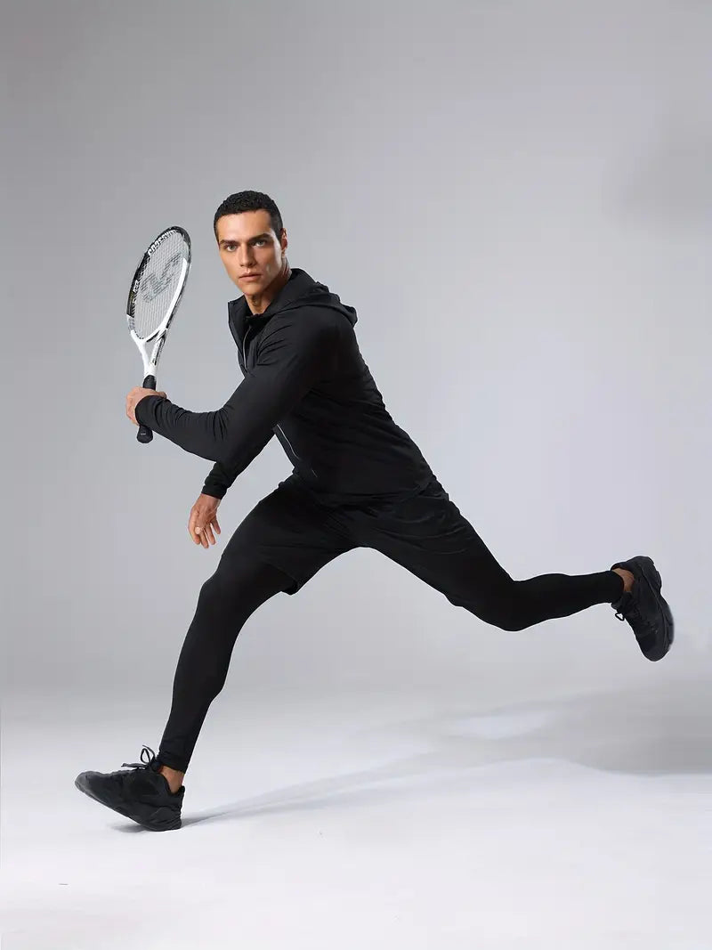 4pcs Athletic Sportswear Set, Polyester 95% Elastane 5% Knit Fabric, All-Season Crew Neck Hoodie, Skinny Fit Solid Color, Breathable Quick-Dry for Running, Fitness, Cycling & Outdoor Activities