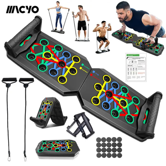 MACYO 28-Hole Push-Up Board with 2 Resistance Bands - Multifunctional Home & Gym Exercise Equipment, Chest Muscle Trainer, Strength Training Device, Includes Jump Ropes & Handles, Durable PP Material,, Gym