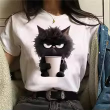 Funny Cat Women Summer White Print T-shirt Girl Casual Short Sleeve O Neck Top For Summer Female Animal Clothing