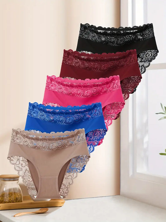 5pcs Women'S Elegant Lace Spliced Triangle Panties - Breathable Mid-Rise Bikini Briefs, Romantic Holiday Fashion, Solid Color, Comfortable & Stylish, Everyday Underwear | Elegant Lace Detail | Smooth Texture Fabric
