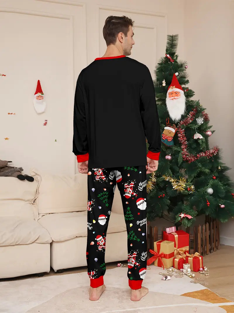 MEN/WOMEN Couple's Christmas Long Sleeve Pajama Set with Santa, Christmas Tree, and Lights Print, Round Neck Design, Unisex