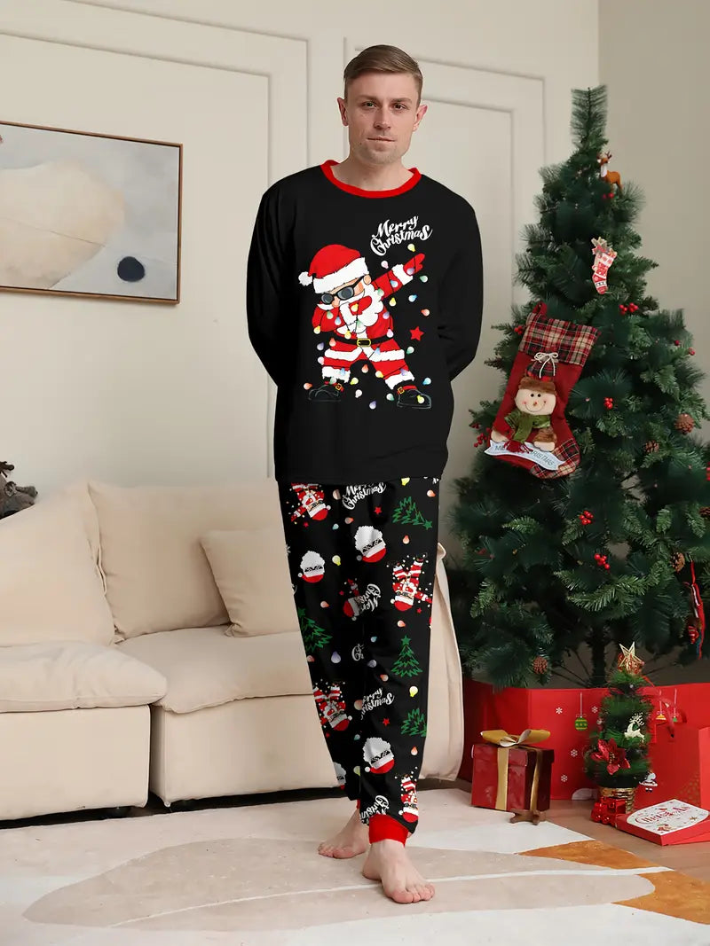 MEN/WOMEN Couple's Christmas Long Sleeve Pajama Set with Santa, Christmas Tree, and Lights Print, Round Neck Design, Unisex