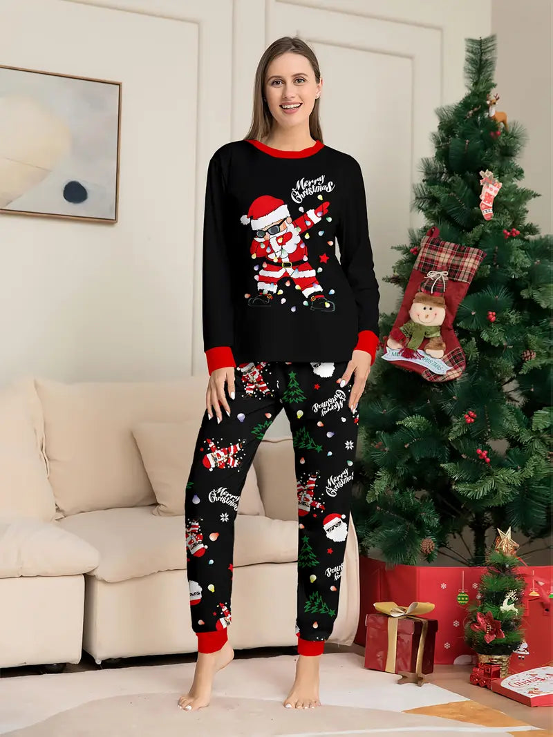MEN/WOMEN Couple's Christmas Long Sleeve Pajama Set with Santa, Christmas Tree, and Lights Print, Round Neck Design, Unisex