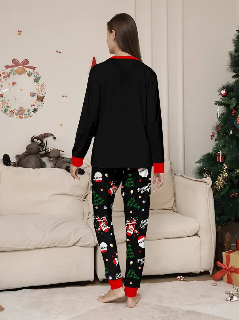 MEN/WOMEN Couple's Christmas Long Sleeve Pajama Set with Santa, Christmas Tree, and Lights Print, Round Neck Design, Unisex