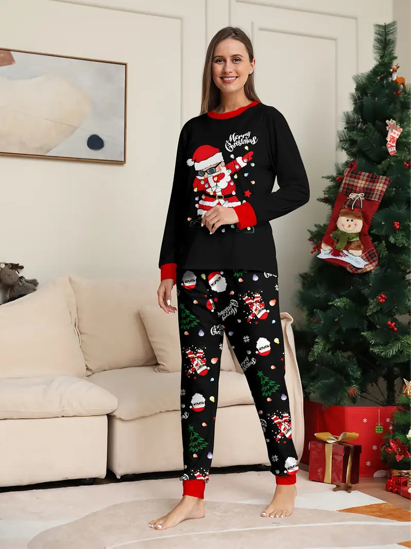 MEN/WOMEN Couple's Christmas Long Sleeve Pajama Set with Santa, Christmas Tree, and Lights Print, Round Neck Design, Unisex