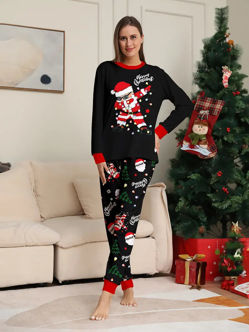 MEN/WOMEN Couple's Christmas Long Sleeve Pajama Set with Santa, Christmas Tree, and Lights Print, Round Neck Design, Unisex