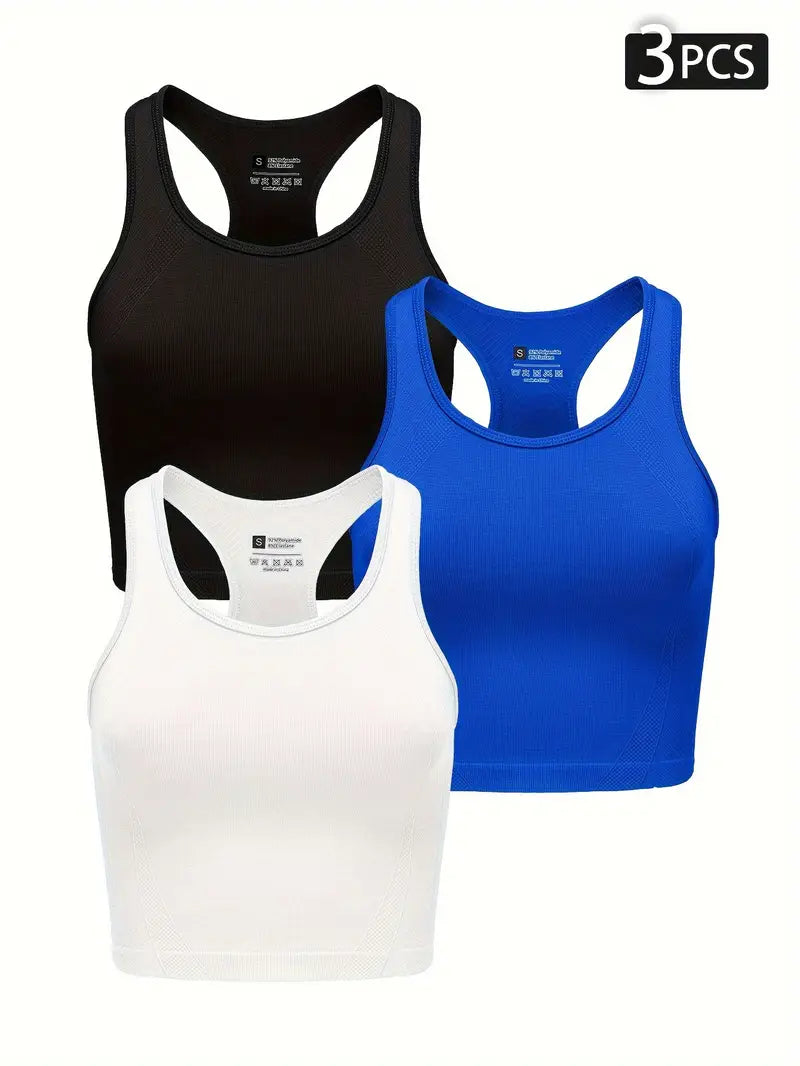 3pcs Women'S High-Elasticity Yoga Sports Bras - Quick-Dry, Breathable, No-Pad Design for Running & Gym - Black, White, Brown, Workout Clothes