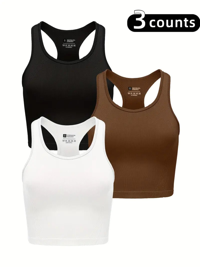 3pcs Women'S High-Elasticity Yoga Sports Bras - Quick-Dry, Breathable, No-Pad Design for Running & Gym - Black, White, Brown, Workout Clothes
