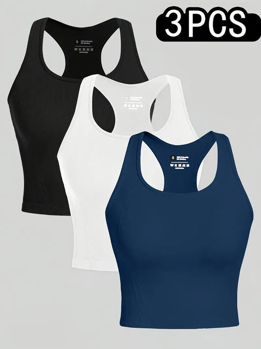 3pcs Women'S High-Elasticity Yoga Sports Bras - Quick-Dry, Breathable, No-Pad Design for Running & Gym - Black, White, Brown, Workout Clothes