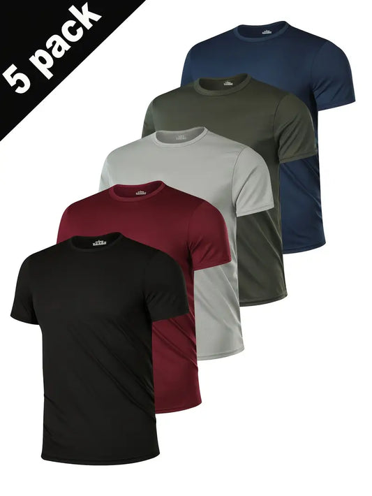 5-Pack Men's Premium Moisture-Wicking Quick-Dry Crew Neck T-Shirts - Breathable Micro-Elastic Fabric, Soft Comfort Fit for Gym, Outdoor & Casual Attire - Solid Color Short Sleeve Tees (5 Colors), Gym Apparel, Sporty Casual Lo