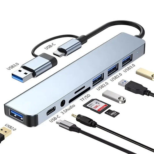 Multi-Function Hub, USB & TYPE-C Ports, featuring USB 3.0 + USB-C + SD/TF + 3.5mm Audio. A versatile docking station that supports seamless multi-port collaboration, suitable for smartphones, tablets, and computers for both v