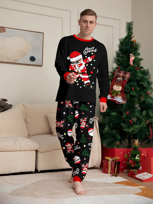 MEN/WOMEN Couple's Christmas Long Sleeve Pajama Set with Santa, Christmas Tree, and Lights Print, Round Neck Design, Unisex