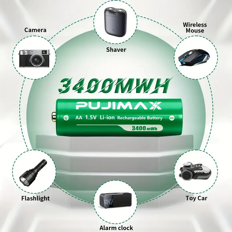 PUJIMAX Rechargeable Lithium Battery 8pcs 3400Mwh High Performance 1.5V Lithium Batteries, Long-Lasting Rechargeable AA Lithium-Ion Batteries And All-In-One Charging Case - 8-Slot Yellow Charging Case. Only Supports 1.5V Rech